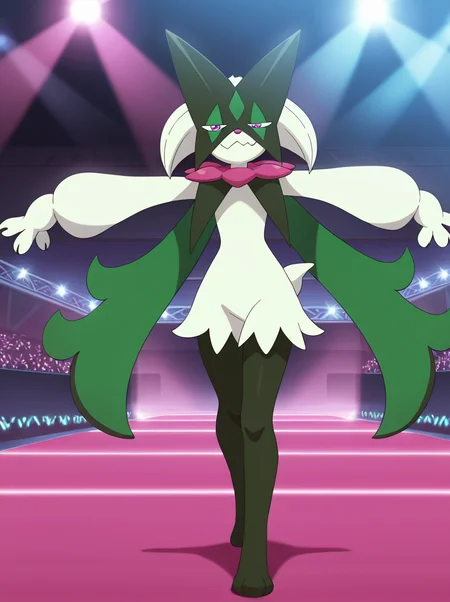 masterpiece, best quality, amazing quality, very aesthetic, absurdres, newest, anime screenshot anime coloring, <lora:MeowscaradaIllust:1>masquernyaillust, pokemon (creature), furry, solo, no humans, smile, pink eyes standing, smug, outstretched arms, stage, stage lights, reflector