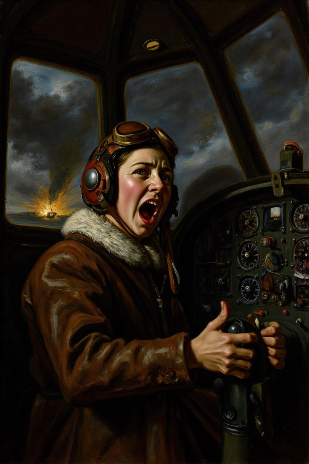 fraha1 painting. A female pilot screaming inside the cockpit of a WWII bomber. The pilot, wearing a vintage leather flight helmet with goggles and a brown bomber jacket, grips the controls with white-knuckled hands. Her face is contorted in a mix of fear and determination as she yells, her eyes wide with adrenaline. The cockpit is cramped and filled with old-fashioned dials and gauges, with the outside view showing dark stormy clouds and distant anti-aircraft fire. The scene is lit by the eerie glow of the instrument panel, casting harsh shadows across her face, emphasizing the intensity and danger of the moment. High contrast, dynamic composition, gritty and realistic, with a cinematic feel.  <lora:fraha2_nocap_d6a3:1.0><lora:806972575075977793:0>