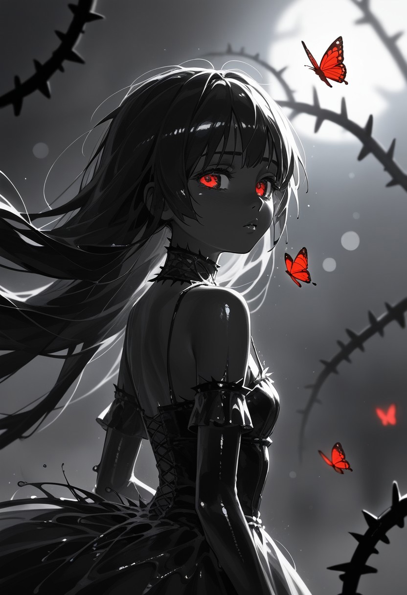 PonyScores7, source_anime, hi res, masterpiece, best quality, highres, sss, translucent, subsurface scattering,    
slime girl, monster girl, slime_girl, year 2023,1girl,solo,red and black theme,strong picture,dark,upper body,side_face,sad,parted_lips,looking back,floating hair,black dress,bare shoulders,{{{delicate and beautiful eye}}},gothic_lolita,black rose,thistles and thorns,flora,fog,red butterfly,underlighting,bokeh,blurry background,strong visual impact,film lighting,from side,