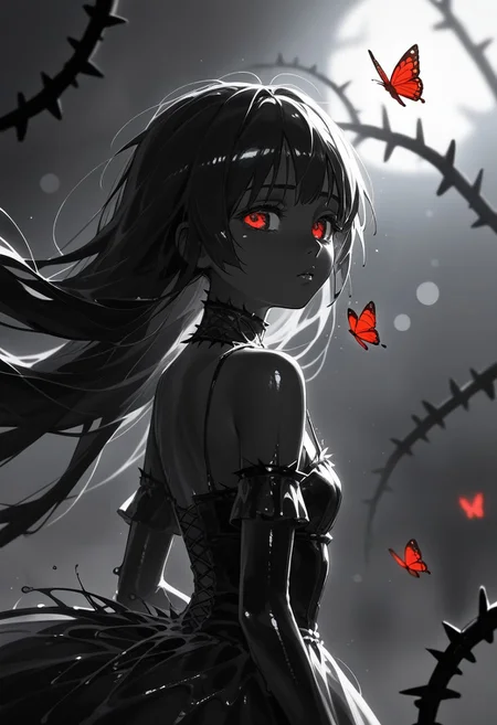 PonyScores7, source_anime, hi res, masterpiece, best quality, highres, sss, translucent, subsurface scattering,    
slime girl, monster girl, slime_girl, year 2023,1girl,solo,red and black theme,strong picture,dark,upper body,side_face,sad,parted_lips,looking back,floating hair,black dress,bare shoulders,{{{delicate and beautiful eye}}},gothic_lolita,black rose,thistles and thorns,flora,fog,red butterfly,underlighting,bokeh,blurry background,strong visual impact,film lighting,from side,