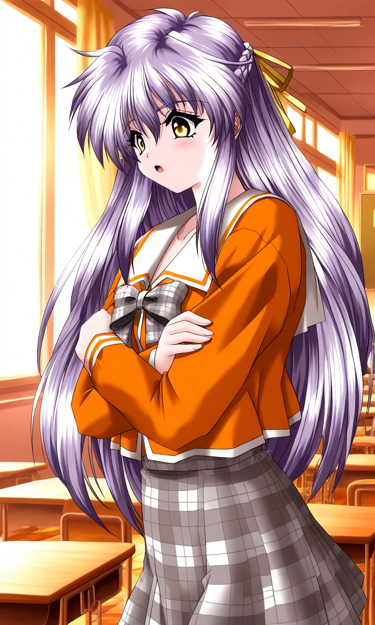 general,highres, ultra-detailed,very aesthetic,best quality ,best hands, BREAK <lora:Nishikujo_Shion_Akumu_AoiKajitsunoSange_IS:1>
Nishikujo_Shion, 1girl, solo, light purple hair, long hair, half updo, yellow eyes, hair ribbon, yellow ribbon, small breasts,
surprised,
orange school uniform, ribbon, white and gray skirt, outdoors, , crossed arms,
plaid skirt, plaid bow, long sleeves, serafuku,
School, class room, curtain.