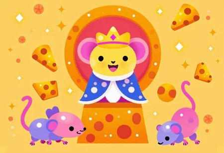 pikaole of, a mouse dressed as a king is sitting on a throne made of cheese, wearing a crown of cheese with other mice bowing down before it