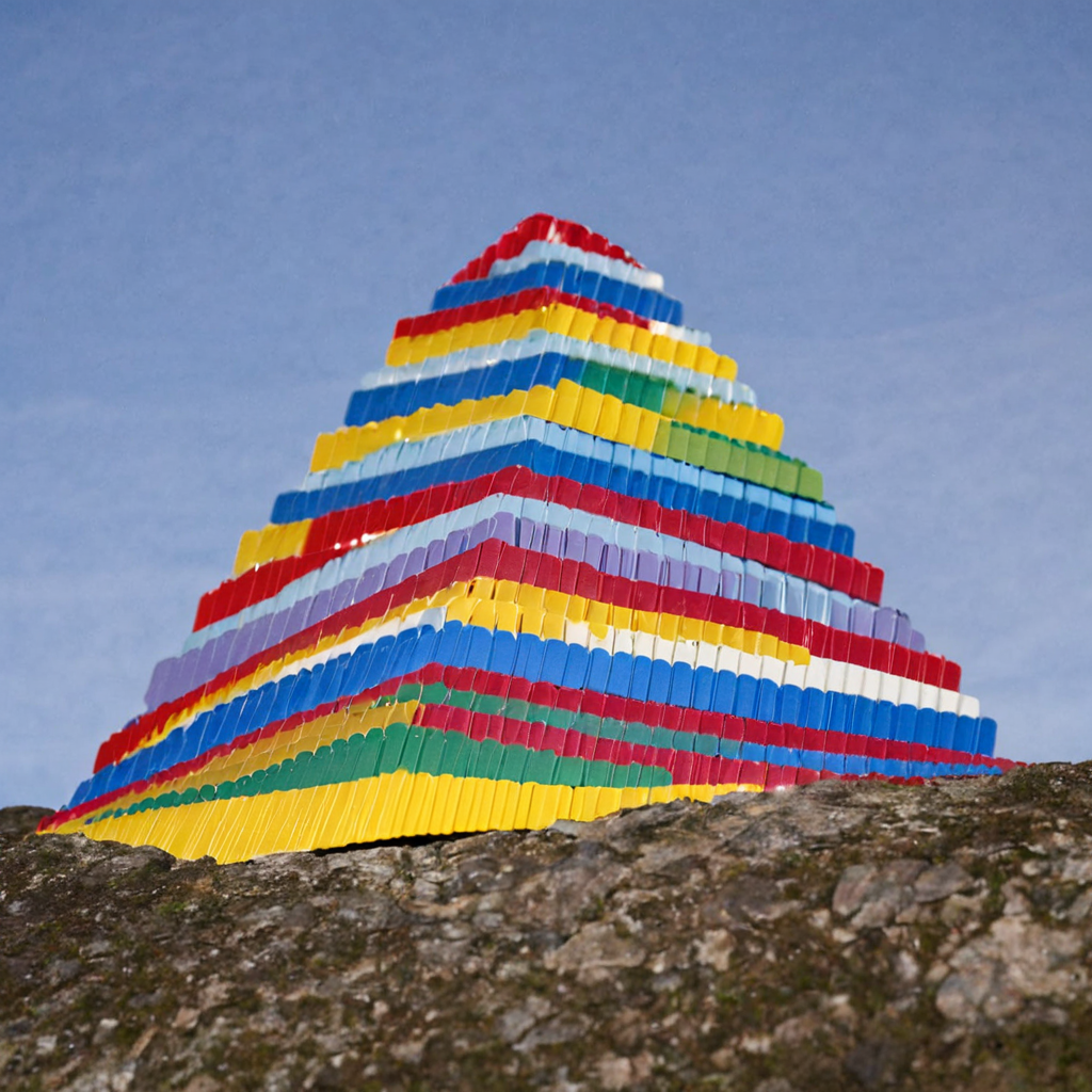 plastkort, a mountain made from colored plastic cards, <lora:Plastkort-000005:1>