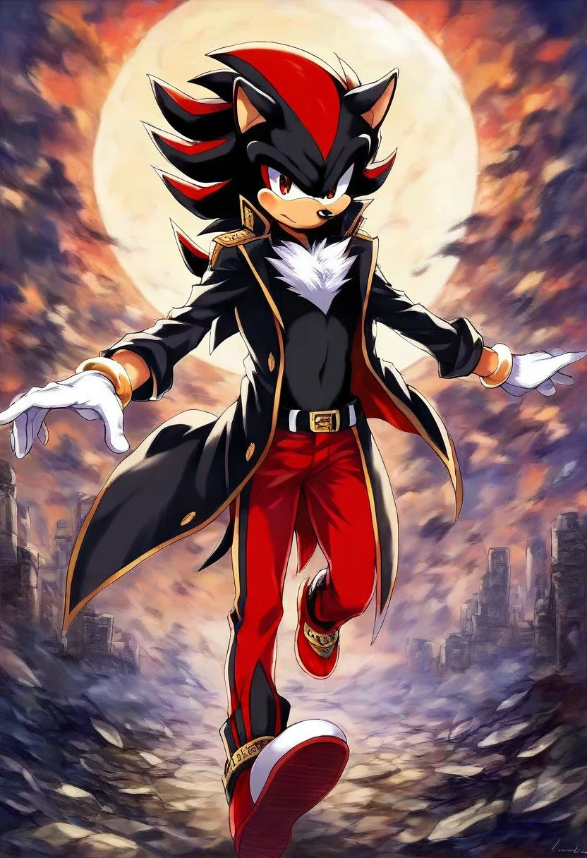 ((kentaro_miura_style:2.0)), eclipse, score_9, score_8_up, score_7_up, score_6_up, score_5_up, score_4_up, masterpiece, perfect face, perfect eyes, solo, 1boy, solo male, shadow the hedgehog, furry, red eyes, black fur, white chest tuft, black open coat, gold bracelets, white gloves, black belt, red pants, red shoes, gold anklets, running, orange aura, spiked hair, hedgehog, city ruins, dynamic lighting, full body, dual wielding handguns, dynamic pose, serious look, ((full body shot:1.5)), cowboy view, male focus, eclipse, outdoors, science fiction