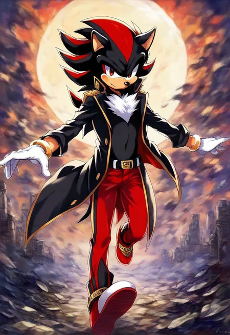 ((kentaro_miura_style:2.0)), eclipse, score_9, score_8_up, score_7_up, score_6_up, score_5_up, score_4_up, masterpiece, perfect face, perfect eyes, solo, 1boy, solo male, shadow the hedgehog, furry, red eyes, black fur, white chest tuft, black open coat, gold bracelets, white gloves, black belt, red pants, red shoes, gold anklets, running, orange aura, spiked hair, hedgehog, city ruins, dynamic lighting, full body, dual wielding handguns, dynamic pose, serious look, ((full body shot:1.5)), cowboy view, male focus, eclipse, outdoors, science fiction
