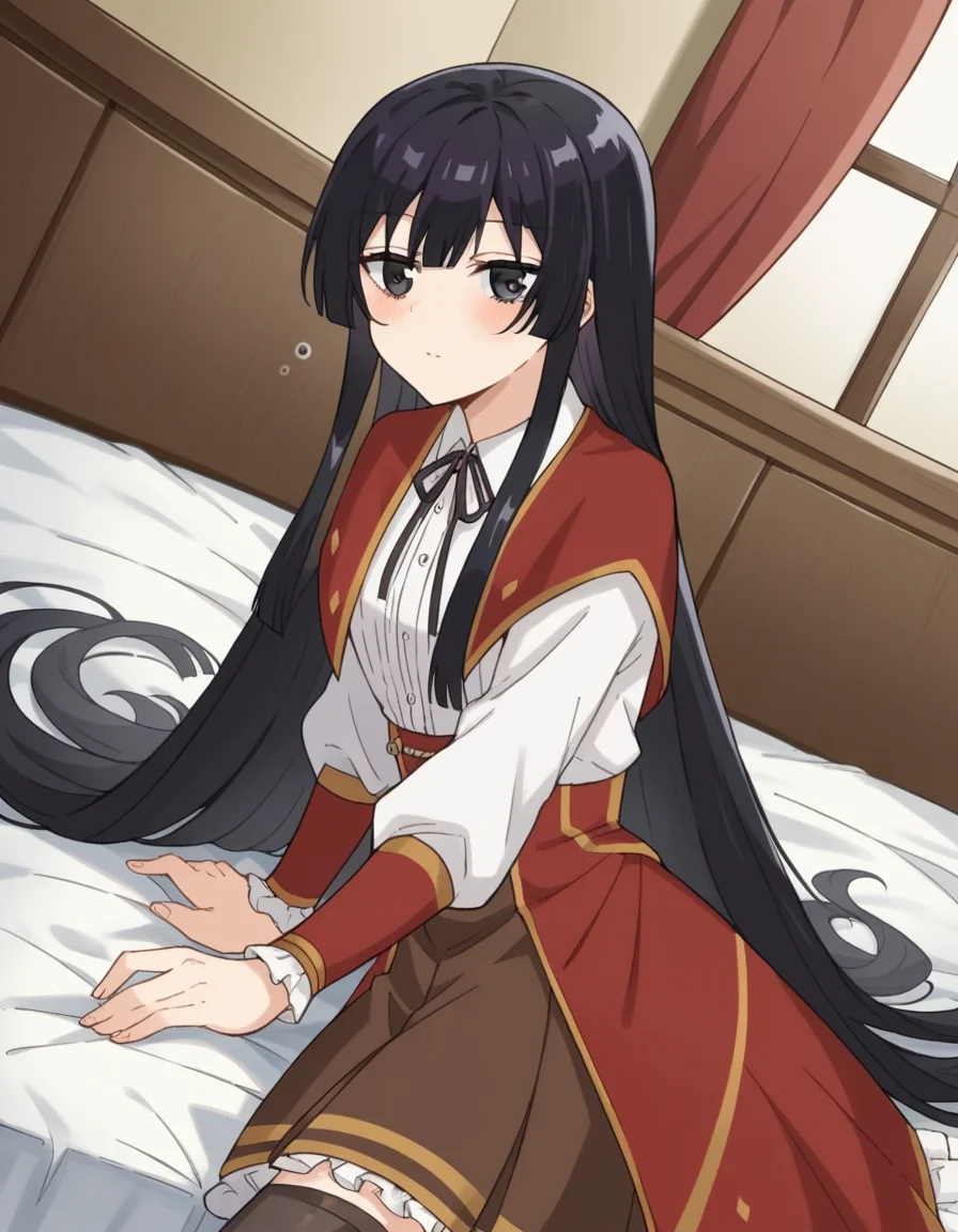 score_9, score_8_up, score_7_up, source_anime, <lora:yumiella-dolkness-s1-ponyxl-lora-nochekaiser:1> yumiella dolkness, long hair, bangs, black hair, very long hair, black eyes, hime cut, skirt, shirt, thighhighs, long sleeves, ribbon, white shirt, pleated skirt, frills, collared shirt, zettai ryouiki, black ribbon, neck ribbon, red skirt, frilled skirt, brown skirt,, indoors, bed, bed room, on side, blush, drunk, looking at viewer, solo,, cowboy shot, dutch angle
