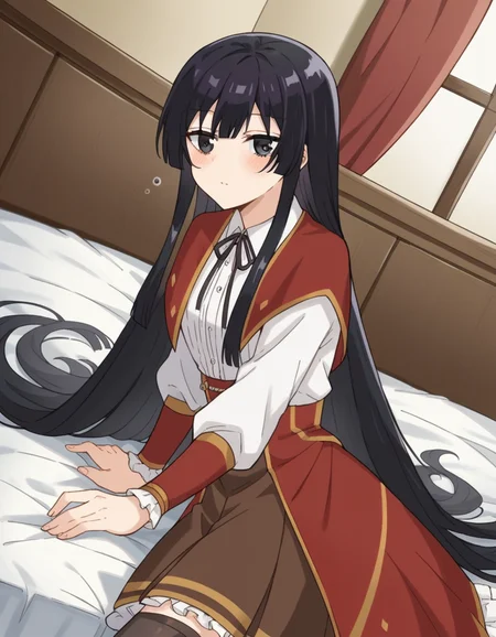 score_9, score_8_up, score_7_up, source_anime, <lora:yumiella-dolkness-s1-ponyxl-lora-nochekaiser:1> yumiella dolkness, long hair, bangs, black hair, very long hair, black eyes, hime cut, skirt, shirt, thighhighs, long sleeves, ribbon, white shirt, pleated skirt, frills, collared shirt, zettai ryouiki, black ribbon, neck ribbon, red skirt, frilled skirt, brown skirt,, indoors, bed, bed room, on side, blush, drunk, looking at viewer, solo,, cowboy shot, dutch angle