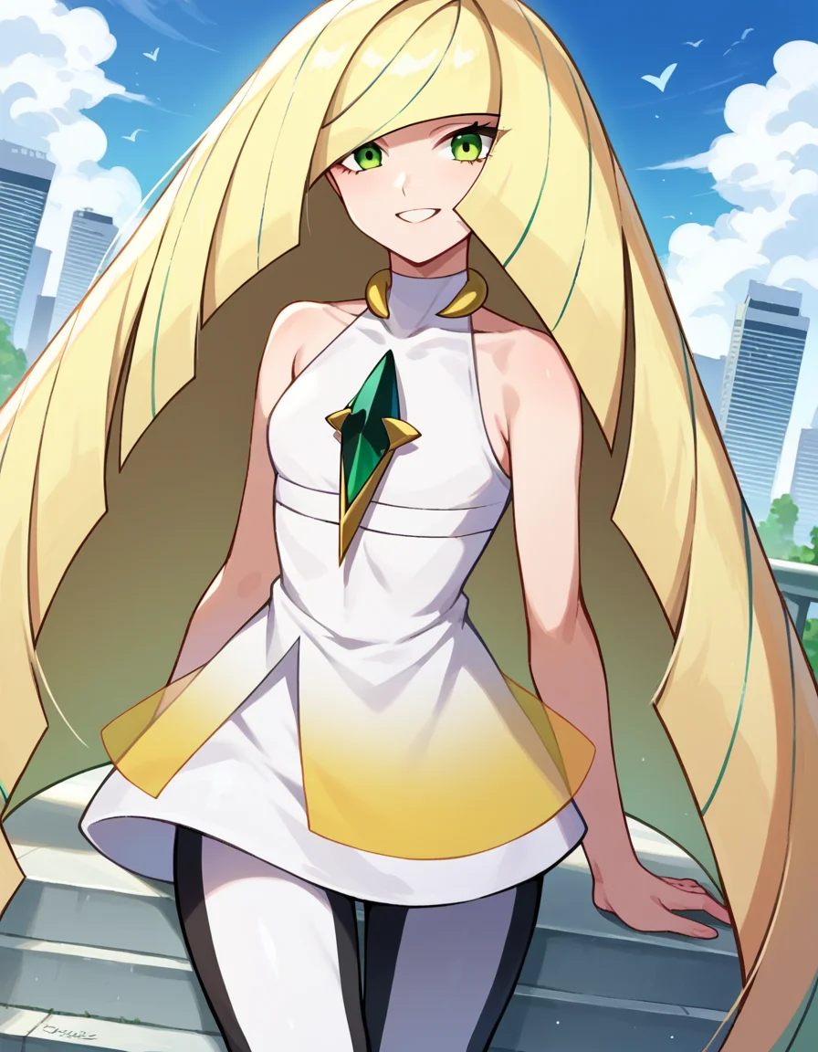 score_9, score_8_up, score_7_up, source_anime,
pokemonlusamine, <lora:pokemon-lusamine-ponyxl-lora-nochekaiser:1>
pokemonlusamine, blonde hair, green eyes, hair over one eye, long hair, multicolored hair, streaked hair, very long hair, smile,
bare arms, diamond \(shape\), dress, gem, green gemstone, leggings, short dress, sleeveless, sleeveless dress, white dress, white leggings,
outdoors, cityscape,
looking at viewer, dutch angle, cowboy shot,