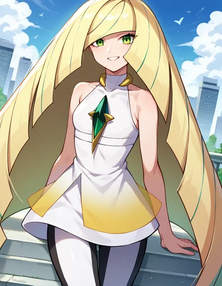 score_9, score_8_up, score_7_up, source_anime,
pokemonlusamine, <lora:pokemon-lusamine-ponyxl-lora-nochekaiser:1>
pokemonlusamine, blonde hair, green eyes, hair over one eye, long hair, multicolored hair, streaked hair, very long hair, smile,
bare arms, diamond \(shape\), dress, gem, green gemstone, leggings, short dress, sleeveless, sleeveless dress, white dress, white leggings,
outdoors, cityscape,
looking at viewer, dutch angle, cowboy shot,
