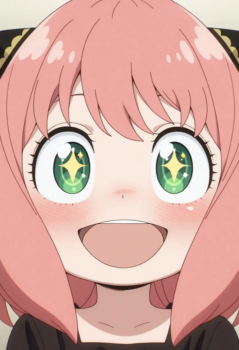 masterpiece,best quality,amazing quality, anya forger, pink hair, female child, child, green eyes, medium hair, 1girl, solo, blush, open mouth, smile, excited, sparkling eyes