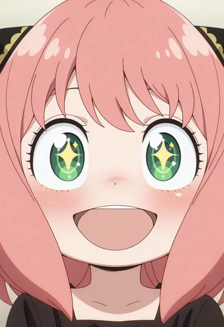 masterpiece,best quality,amazing quality, anya forger, pink hair, female child, child, green eyes, medium hair, 1girl, solo, blush, open mouth, smile, excited, sparkling eyes
