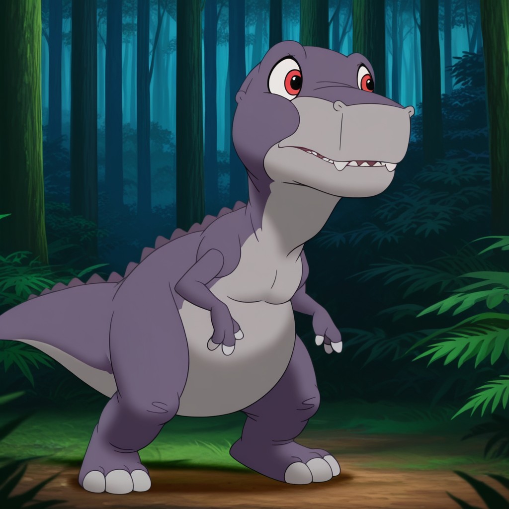 masterpiece, best quality, amazing quality, Chomperlbttvil, feral, male, Tyrannosaurus, purple skin, red eyes, standing, in forest,, <lora:934c25d2-86c0-414c-9f1d-3d519a46c894:1.0>