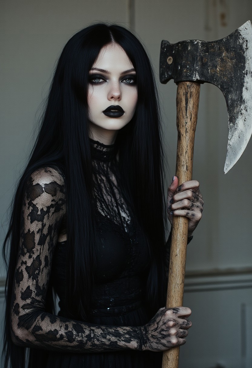 FictionalCrystal, a goth girl with heavy black eye makeup and black lipstick. Holding a massive battleaxe, CAICO
