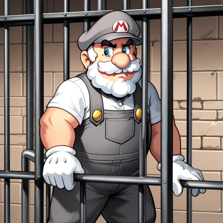 score_9, score_8_up, score_7_up, (Mario:0.9), grey overalls, grey m cap, elderly, (long white beard, white mustache, white hair:1.3), white shirt, white gloves, solo, jail cell, bars, jail, dark, sad, cement walls, rating safe, (official Nintendo artwork:1), indoors, interior