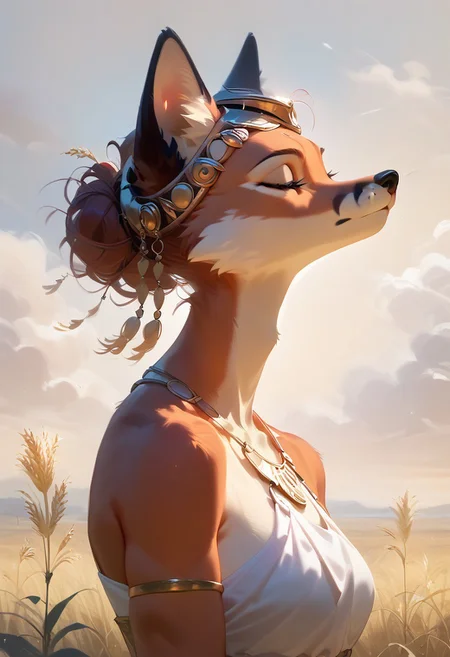 score_9, score_8_up, score_8, score_9, solo, upper body, side view, anthro, furry, (fox, vixen), girl, walking through wheat field like scene from Gladiator movie, wearing ancient greek clothes and ancient greek helmet, bare shoulders, white deep V neck long dress, ((eyes closeup)), eyes wide open, pale green with yellow colors, fluffy fur, tuft. (athletic:1.4), volumetric lighting, cinematic lighting, (bashful:1.5), (Wheat Fields:1.3), small village in a distance, outside, cloudy, light rain,