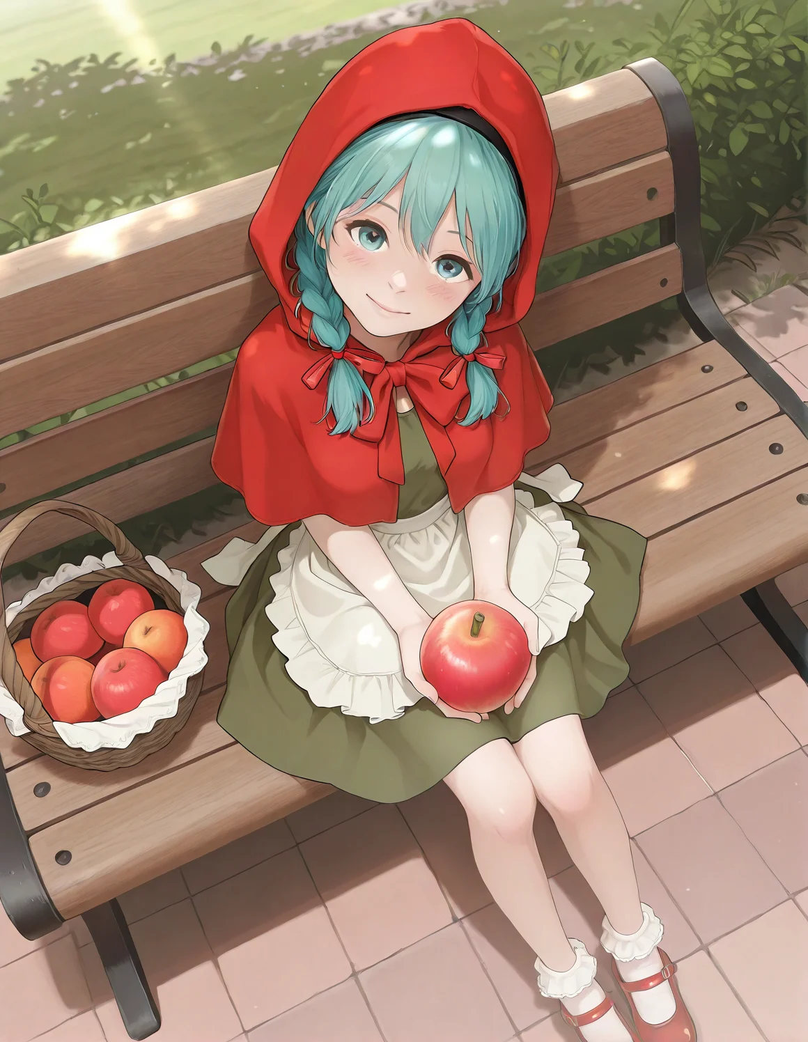 1girl sitting on a park bench, dutch angle, happy, hatsune miku, , blush , low twin braids, hairband, red capelet, mary janes, red footwear, socks, frilled socks, green dress, white apron, head tilt, hood up, hair ribbon, red ribbon, ankle socks, sunlight, from above, holding a fruit basket
<lora:redlight_style_illustrious_v3:.8>