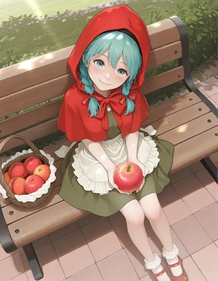 1girl sitting on a park bench, dutch angle, happy, hatsune miku, , blush , low twin braids, hairband, red capelet, mary janes, red footwear, socks, frilled socks, green dress, white apron, head tilt, hood up, hair ribbon, red ribbon, ankle socks, sunlight,  from above, holding a fruit basket
<lora:redlight_style_illustrious_v3:.8>