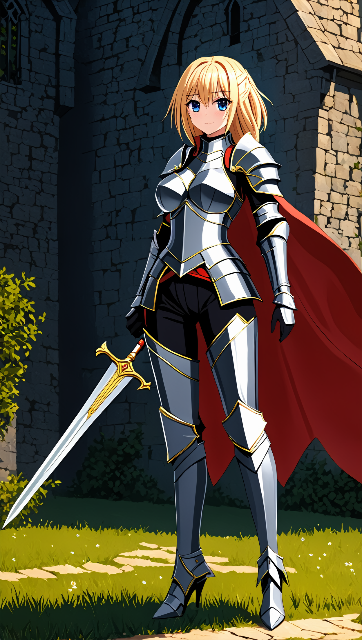 masterpiece, best quality,
  <lora:heronever_astel.sdxl.v1:1>
aster, 1girl, solo, 
fantasy,medieval, armor, knight, 
armored legs, pants,
break red cape,