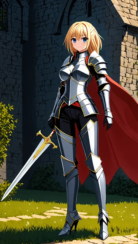 masterpiece, best quality,
  <lora:heronever_astel.sdxl.v1:1>
aster, 1girl, solo, 
fantasy,medieval, armor, knight, 
armored legs, pants,
break red cape,