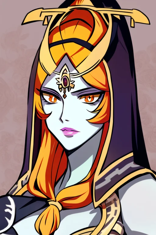 masterpiece, best quality, full body portrait, 1girl, breasts, colored sclera, blue skin, forehead jewel, front ponytail, grey skin, large breasts, lips, long hair, looking at viewer, midna, orange hair, solo, upper body, yellow sclera,intricate hair, official art