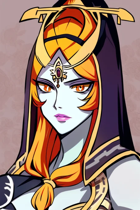 masterpiece, best quality, full body portrait, 1girl, breasts, colored sclera, blue skin, forehead jewel, front ponytail, grey skin, large breasts, lips, long hair, looking at viewer, midna, orange hair, solo, upper body, yellow sclera,intricate hair, official art