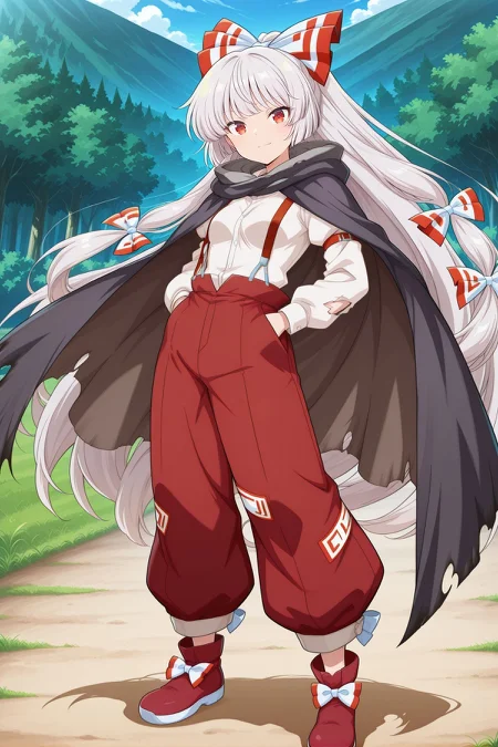 absurdres, highres, masterpiece, best quality, amazing quality, official anime artwork, screencap, anime screencap, outdoors, looking at viewer, light smile, dynamic pose, standing,
 <lora:Fujiwara-no-Mokou_IllustriousV2:1> fujiwara no mokou, 1girl, solo, red eyes, white hair, very long hair, small breasts,, hair bow, white bow, white shirt,  long sleeves, suspenders, red pants, fujiwara no mokou \(silver gale\), cape, black cape, torn cape, torn clothes, torn shirt, footwear bow, red footwear,