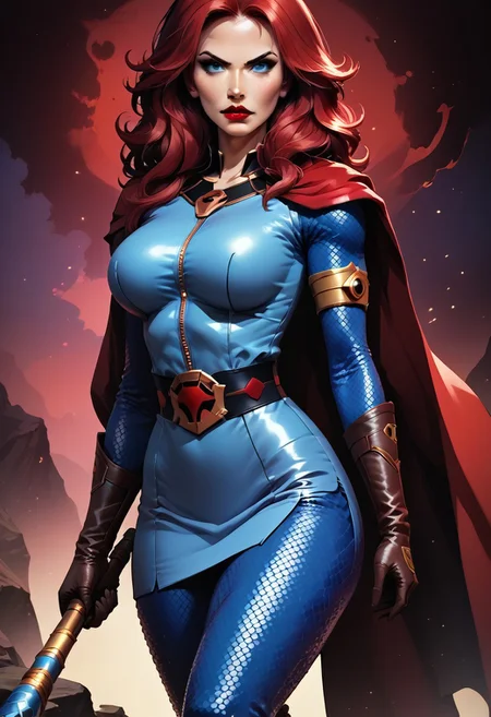 MILF, 32 years old, red hair, black leather vampire cape, large saggy breasts, sloppy wavy hair, sexy red boots, revealing outfit, red lips, mascara, eyelashes, hourglass figure, strong, big blue eyes, seductive, mature female, m1lfm3t3r, anezaki mamori, masterpiece, highest quality, realistic skin texture:1.5, high, tear shaped boobs, drow ranger, drow ranger \(dota2\), Masterpiece, 32k, photorealistic:1.4, score_9, score_8_up, score_7_up, small waist, wide hips, high cheekbones, oval face, slim waist, wide hips, thick thighs, full hips, DARK SIDE \(PICTURE BOOK\), NO FACE, colorful background, vivid colors, volumetric light, cinematic light, extremely detailed, bgbrda, top, bodysuit, helmet, armlet, bracelet, gloves, chainmail, skirt, boots, holding weapon, holding rod, dynamic pose.