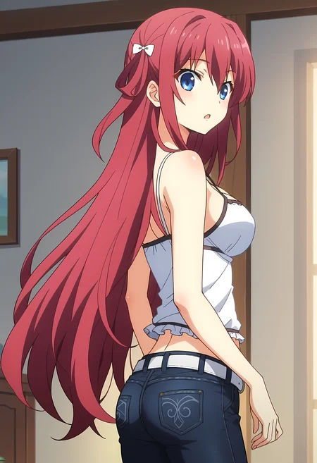 score_9, score_8_up, score_7_up, source_anime, 2d, Amane Suou, 1girl, burgundy hair, long hair, blue eyes, big breasts, white hair ornament, white camisole, cleavage, black jeans, white belt, anime coloring, anime screencap, detailed eyes, zPDXL, perfect faces, uncensored, rating_explicit, <lora:amane_suou_0-000030:1>, from side, looking back, looking at viewer, surprised, ass,