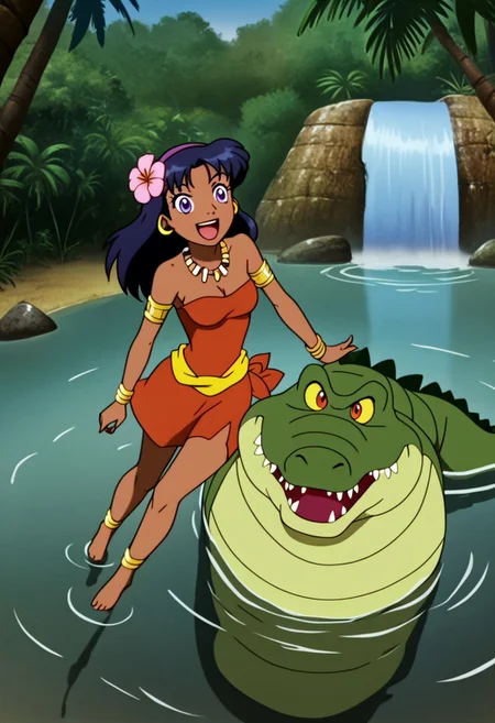 Tick tock crocodile,male animal focus,tail, crocodile ,large mouth open ,green skin, blue eyes, Tick Tock the crocodile is giant and very huge size,teeth, swimming in water,partially submerged,Tick Tock the crocodile looking at a young girl who she is sitting of the belly of a tick tock the crocodile. Little_Girl_anime_manga,long hair,blue hair, dark-skinned female,the girl her very smal size, purple eyes, jungle_clothe,chest_band,red very long_dress, jewelry, dark skin, smile, necklace,hair flower, bracelet, anklet, barefoot,open mouth,river,palm trees, jungle, view from above,Disney, waterfall,anime, manga
