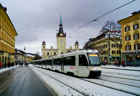 Bern downtown in winter, snowy, cloudy, people, modern tram, raw style