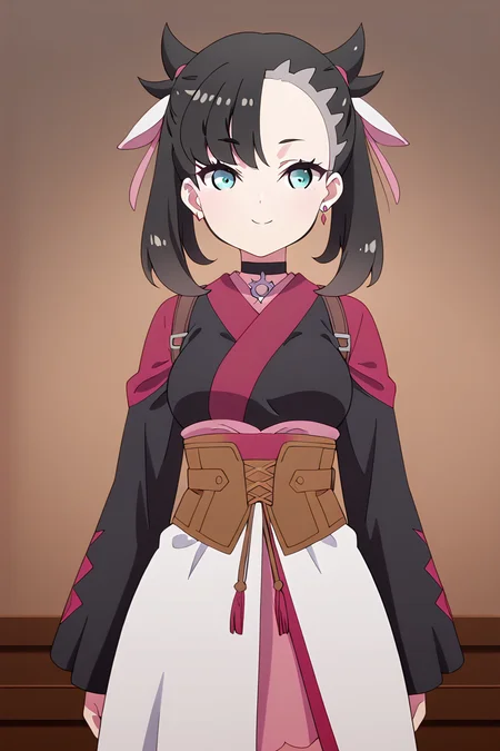 masterpiece, best quality, medium breasts, (curvy), ,,, BREAK, zzMarnie, aqua eyes, black hair, black choker, <lora:MarniePokemonIllustrious:1.0>,BREAK, smile, looking at viewer, cowboy shot, <lora:PrimaDoll_Style_IXL:1.0>,