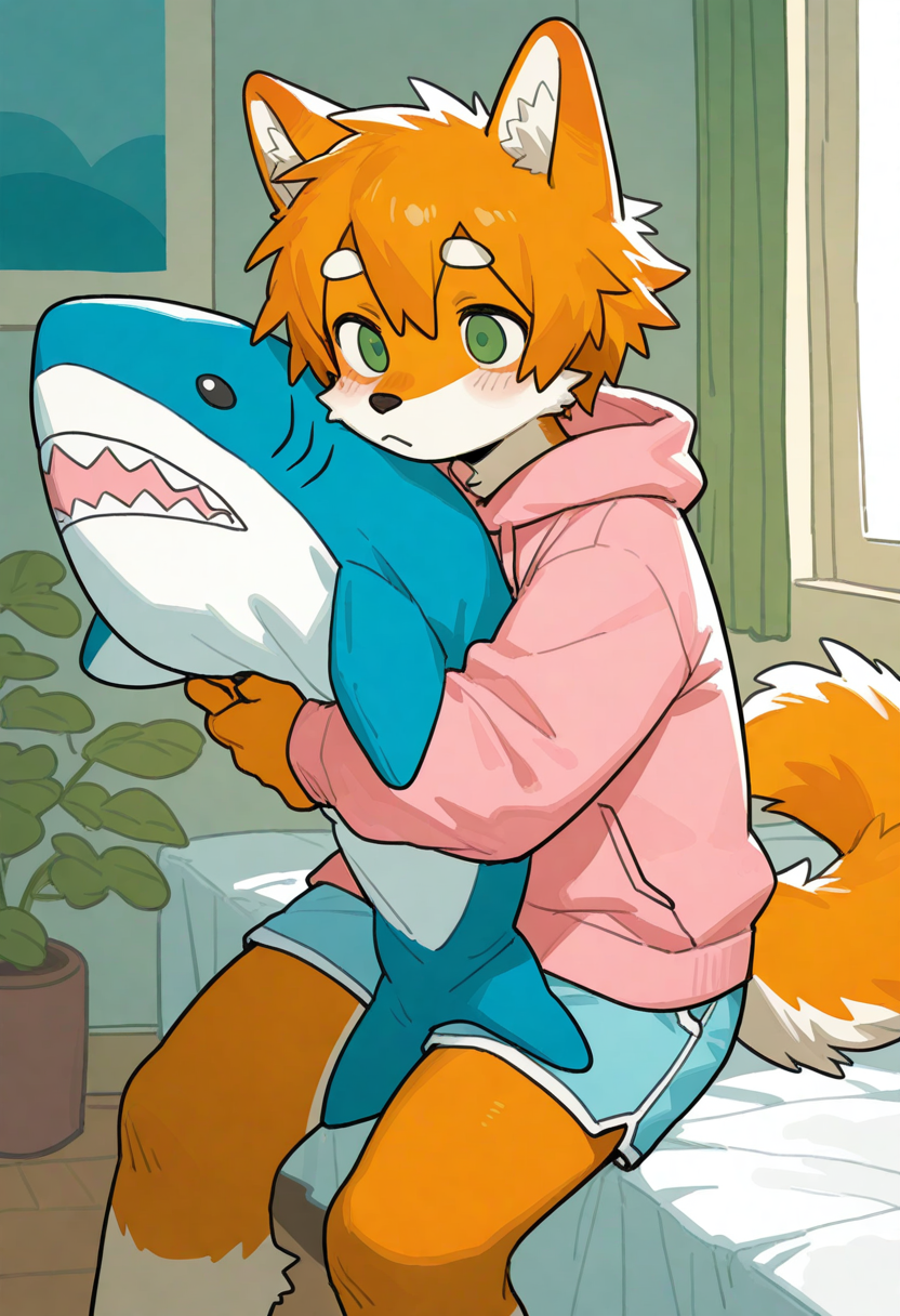 best quality, amazing quality, very aesthetic, absurdres, newest, by milkybot, room, plants, BREAK
furry, male, dog boy, green eyes, orange fur, two-tone body, hugging shark pillow, pink hoodie, blue shorts, <lora:Milkybot_style_illustrious:1>