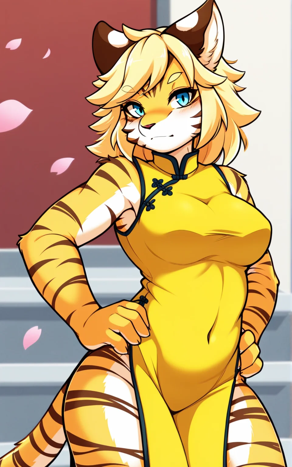 best quality, absurdres, <lora:BolivanteStyleITS:0.8>, <lora:ZFFBHITS:0.8>, ZFFBHITS,blonde hair, short hair, animal ears, yellow skin, multicolored skin, blue eyes, tiger girl, yellow fur, body fur, tiger tail, animal nose, bell , furry , female furry , medium breast, chinese dress, golden dress, side slit, petals, outside, china, temple, skin tight, hands in hip, from below