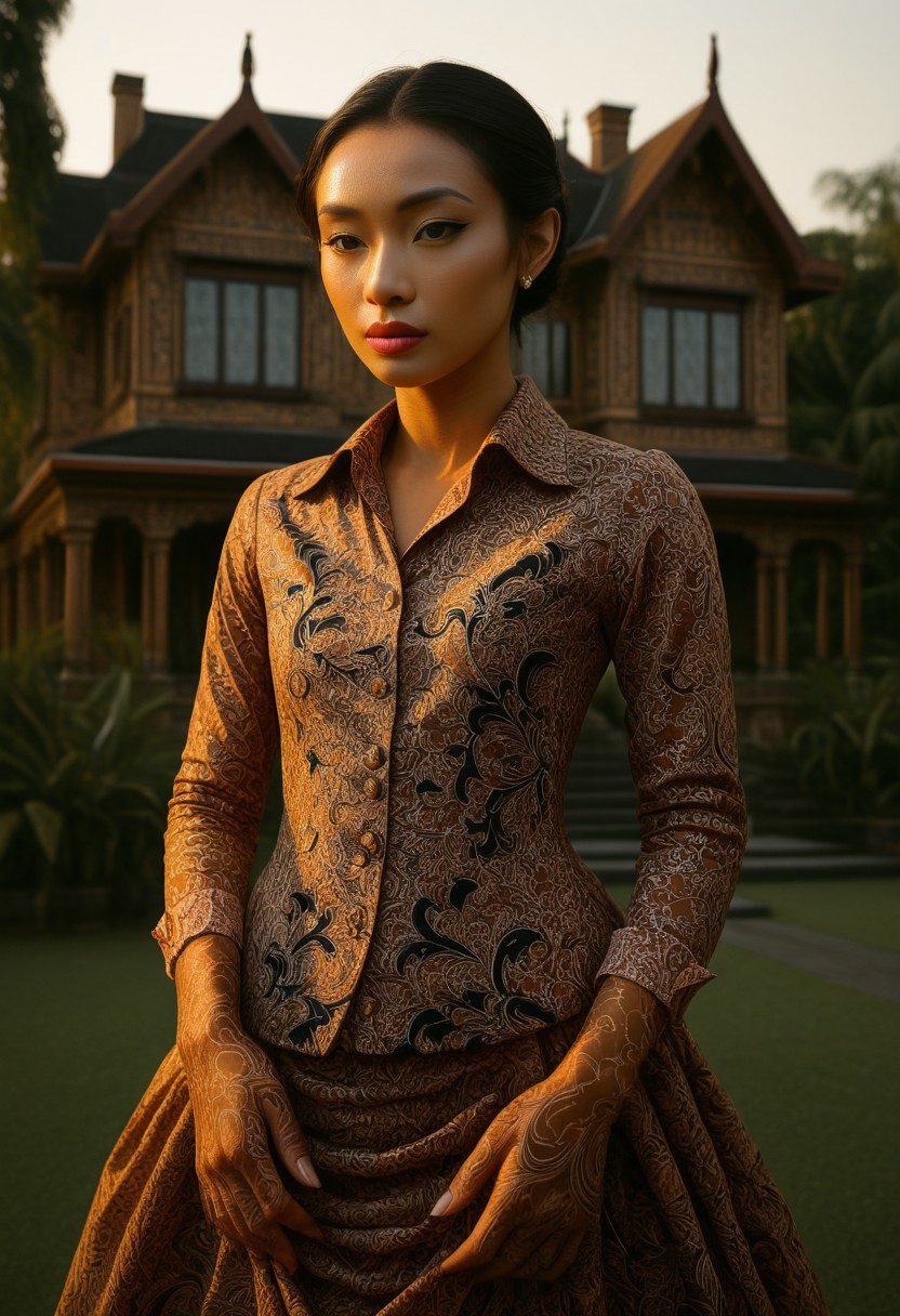 Indonesian_Batik_Morph, ryouko, female, solo, masterpiece, best quality, highly detailed, sharp focus, dynamic lighting, evening with golden hour lighting, professional grade, Photo realistic, Natural atmospheric lighting, intricate details, 35mm photograph, film, professional, 32k visuals, highly detailed, elegant, (scenery:2), (outdoor:2), golden hour, sunset, close up, ultra detailed, 32k, UHD, colorful, high quality, sharp focus, glamorous,  (Victorian dress:1.9), European woman, 1girl, wrinkles, (anatomically correct:2.2), (fully dressed:2), (Indonesian_Batik_Morph mansion:2.6), dynamic position, She has blue eyes.  face and upper body of an arrogant lady, exotic, stunningly beautiful 25 year old woman , high cheekbones, wearing red lipstick, natural eyes, black eyeliner and false eyelashes. She has thick lips and is gorgeous,