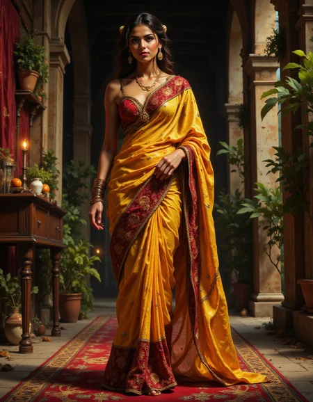Beautifully detailed and serene realistic full-length portrait.
An young beautiful Indian women wearing Dark yellow red carpet shibori satin saree with tassel sleeves strapless bustier sheer blouse,wearing matching sandals. detailed face, no makeup, detailed eyes, Full body visible. Sim
<lora:fluxenhancer:0.8> fluxenhancer <lora:dreadmirth-style-art:0.8> dreadmirthart <lora:FSF-Real-Babes:0.8> <lora:Vibrantly_Sharp_style_v.5:0.8>
