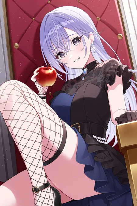 <lora:Suzuki_Hana:1>, Suzuki Hana, long hair, blue hair, hair between eyes, purple eyes, 1girl, dress, gloves, holding, solo, fishnets, jewelry, looking at viewer, fingerless gloves, holding fruit, apple, black footwear, black gloves, thigh strap, lace gloves, earrings, half gloves, pillar, frills, dutch angle, fruit, knee up, smile, black dress, parted lips, high heels, sitting, short sleeves, frilled dress, light particles, glint, throne, foot out of frame, floral print, frilled sleeves, blue dress, gem, thighhighs, pearl \(gemstone\), single glove, pantyhose, black belt, holding food, sparkle, fishnet gloves, fishnet thighhighs