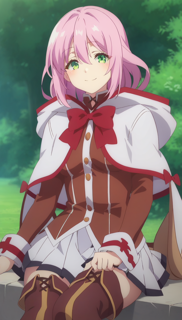score_9,score_8_up,score_7_up,score_6_up BREAK official art,solo,outdoors,upper body,(portrait:1.5),looking at viewer,facing viewer,smile,blush,Norun,medium hair,pink hair,sidelocks,hair between eyes,parted bangs,green eyes,hood,white capelet,cloak,hood,red bow,red bowtie,brown tailcoat,long sleeves,medium breasts,white skirt,pleated skirt,thigh boots,brown footwear,<lora:Norun(rh)-Pony:1.6>,