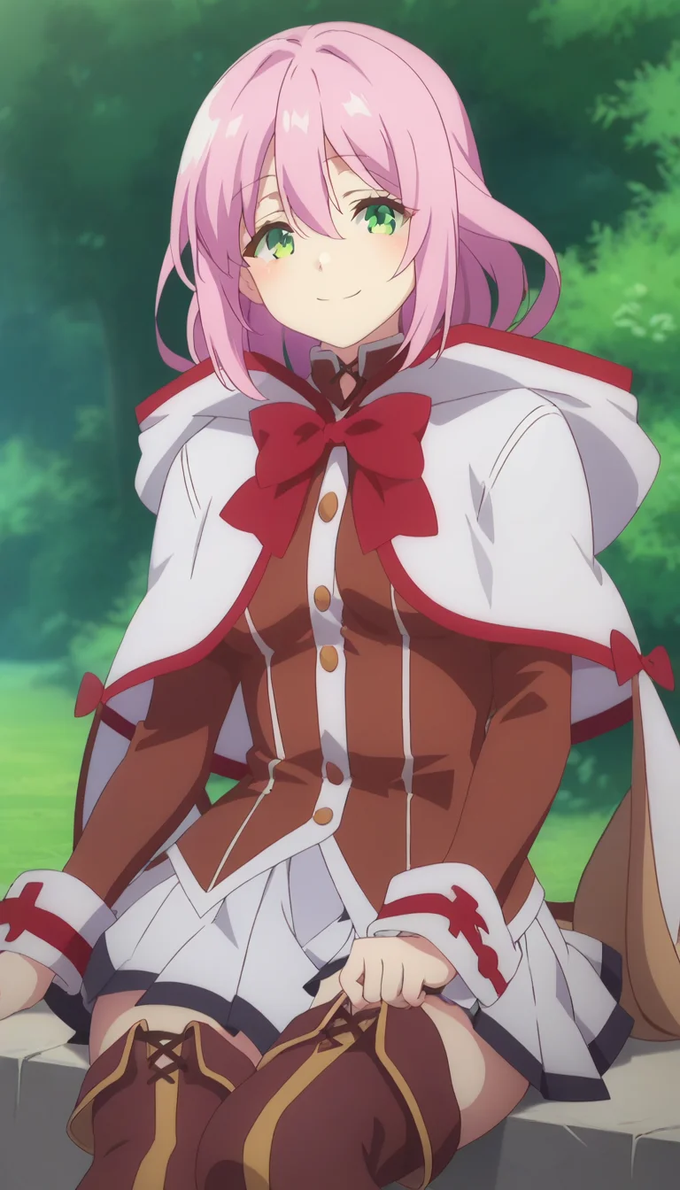 score_9,score_8_up,score_7_up,score_6_up BREAK official art,solo,outdoors,upper body,(portrait:1.5),looking at viewer,facing viewer,smile,blush,Norun,medium hair,pink hair,sidelocks,hair between eyes,parted bangs,green eyes,hood,white capelet,cloak,hood,red bow,red bowtie,brown tailcoat,long sleeves,medium breasts,white skirt,pleated skirt,thigh boots,brown footwear,<lora:Norun(rh)-Pony:1.6>,