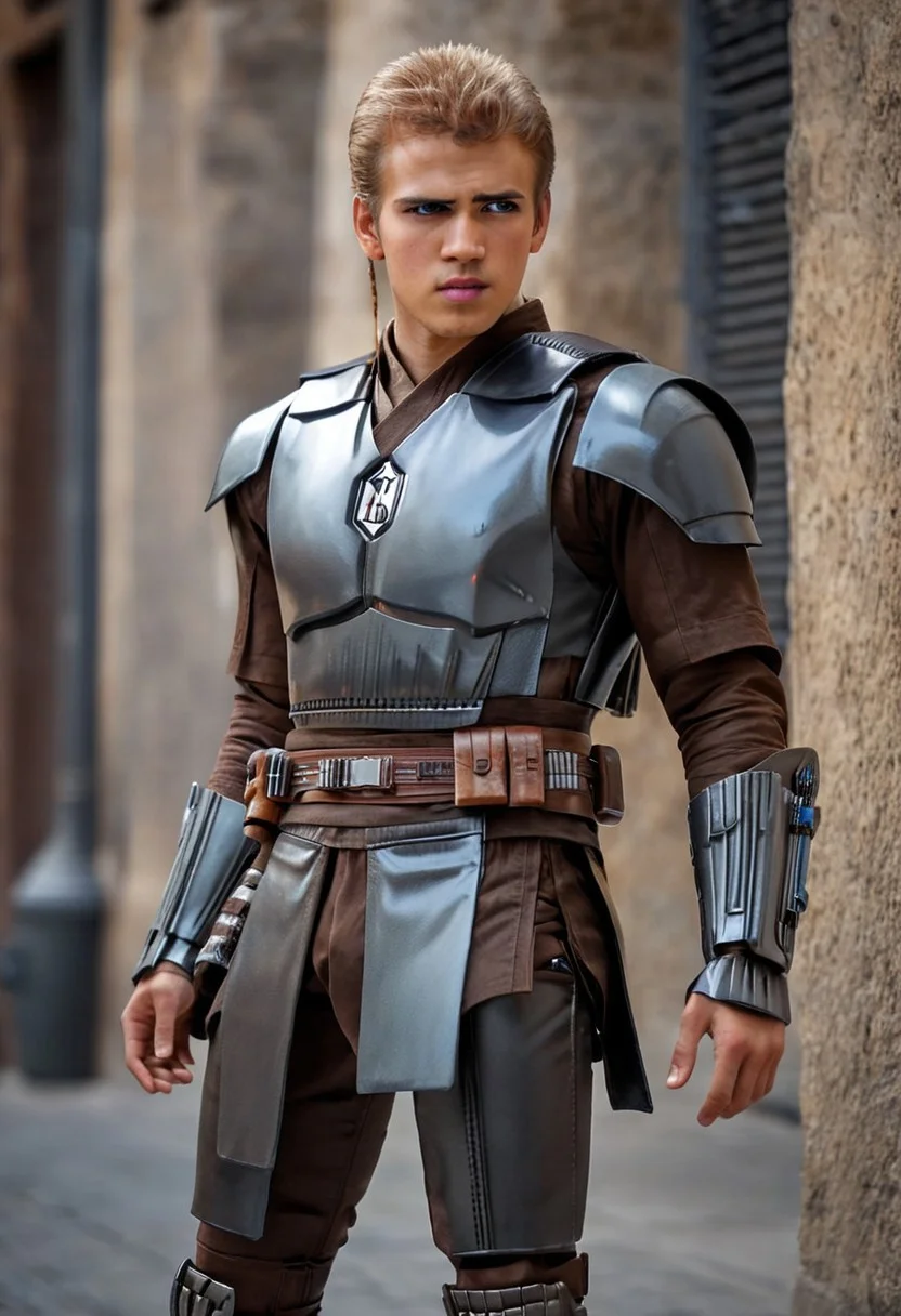 Anakin Skywalker, 18-years old, (((full-body))), blonde hair, bracers armor,7-MandalorianArmour, wide shot, street, Breathtaking, 8k resolution, extremely detailed, beautiful, establishing shot, artistic, hyperrealistic, ultra realistic render, extremely fine details, like-like render, cinematic lighting, dramatic volumetric lighting, masterpiece, light brazen, extremely detailed and beautiful face, 150mm, HDR10 <lora:Wowifier:0.69> <lora:Details:0.85>, starwars, sci-fi, fantasy, intricate, very very beautiful, elegant, neon light, highly detailed, concept art, soft light, hdri, smooth, sharp focus