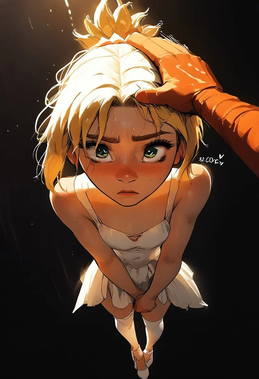 Source_anime, a woman, cute perfect face, (score_9, score_8_up, score_7_up), 1girl, 18 years old, petite, [shortstack], narrow waist, small hips, gorgeous girl ,kawai girl,  glitter makeup, oiled body, sweaty, blonde hair, short hair, ponytail, red scrunchie cute face, cute girl, embarrassed, looking up, sad, head down, Expressiveh, 1girl. sweat, , large and thin neck, thin, fit body, small ass, small waist, short hair small chest, wide eyes, green eyes, freckles, blonde hair, short hair, Ponytail, small perky breasts, flat chest, young face, kinky, adorable, petite, DB_Senya dress, short round wedding dress, white thigh highs, white high heels, cutest girl in the world, cleavage, looking up, volumetric lighting, dramatic lighting, high contrast, horny, head tilted back, raw, depth of field, loving look, looking down, relaxed mouth, noises, sound effects, motion lines, action effects, hearts, floating hearts,(slim fit), , blurry background, light particles, ethereal, rating_explicit, dynamic angle, ncpy13 style, pastels drawing, dark background, motion lines, motion blur, headpat, pov hands, pov