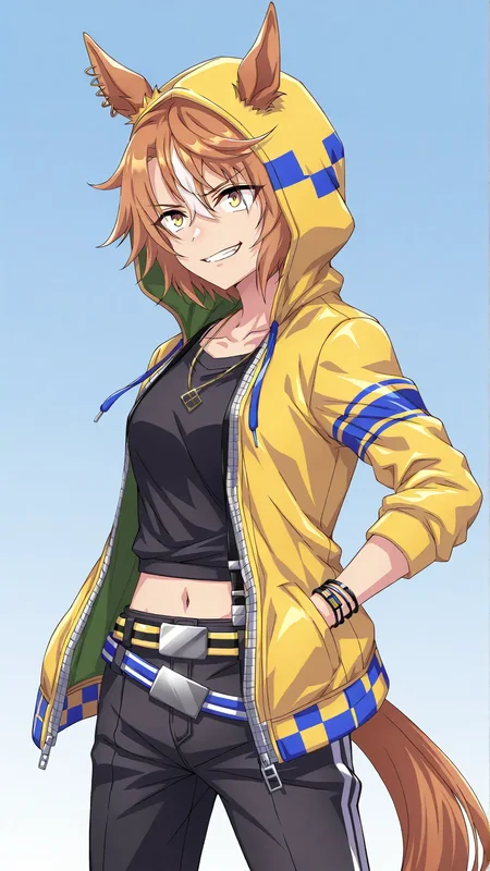 <lora:dicta_striker:0.8>,dicta striker \(umamusume\),medium breasts,ear ornament,brown hair,short hair,hair between eyes,multicolored hair,yellow eyes,streaked hair,white hair,yellow jacket,black shirt,black pants,belt,open jacket,navel,hoodie,simple background,cowboy shot,