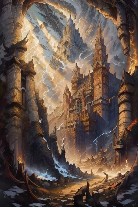 ((Masterpiece)), realistic digital painting of the hall of the mountain king, fanmou, "madness reigns, in the hall of the mountain king", official art, trending on artstation, perfect composition, rule of thirds, golden ratio, cinematic lighting, crepuscular rays, <lora:fantasyv1.1:1>,