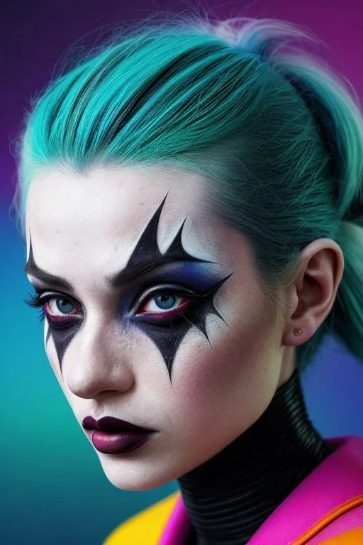 clown makeup in style of Conrad Roset,l in space, stars hotography byJocelyn Hobbie and Charles Dwyer RAW photograph explosion byJocelyn Hobbie and Charles Dwyer, ,(abstract textured background:1.2), ,(skin texture),masterpiece, top quality, best quality, official art,highest detailed,,atmospheric lighting, cinematic composition,complex multiple subjects, 4k HDRvaporwave style , , cyberpunk, vibrant, neon colors, , highly detailed,,,Leica Q2 with Summilux 35mm f/1.2 ASPH,,clear face, Ultra High Resolution, wallpaper, 8K,Rich texture details, hyper detailed, detailed eyes, detailed background, dramatic angle, epic composition, SimplepositiveXLv1 (masterpiece, high quality, ), (close-up portrait:1.0), , model photoshoot, , a stylish girl,