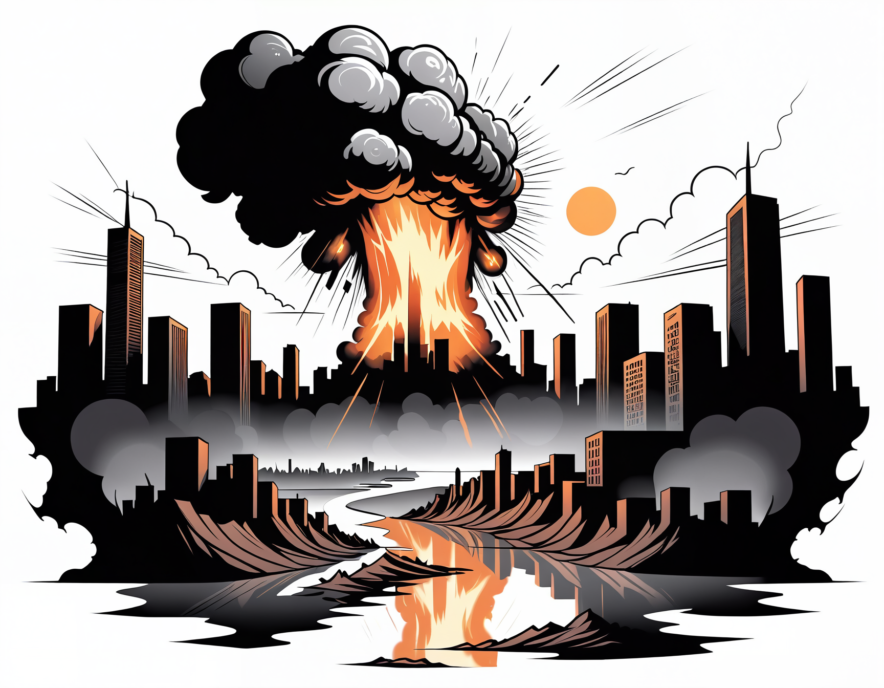 line art drawing Tattoo artwork the end of the world, burning destroyed city after nuclear blast . professional, sleek, modern, minimalist, graphic, line art, vector graphics
