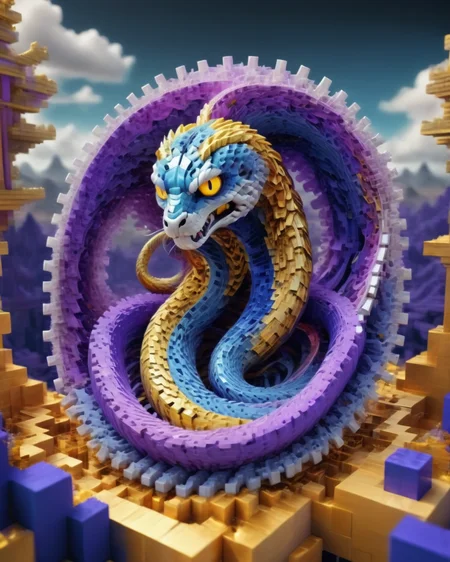 ((best quality)),(masterpiece),snake,awardwinning,Psykadelicwoxel3d, psychedelic,<lora:Psykadelicwoxel3d-step00000350:1>,scenery in the background,made of voxels