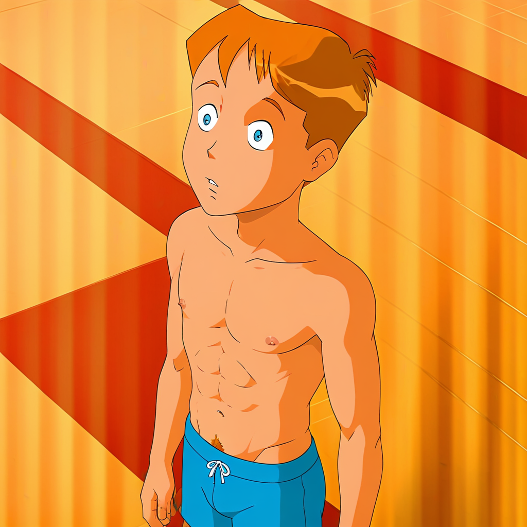 embedding:Pony\Positive\zPDXL3, masterpiece, best quality, good quality, male focus, jason_hightower_totally_spies, solo, aged up, 18 years old, 1boy, mature male, mature man's body, male focus, high resolution, slim body, outdoors, beach, sand, coney island, large head, wide head, short hair, reddish-orange hair, reddish-orange eyebrows, blue eyes, reddish-orange sideburns, reddish-orange thin goatee, topless male, blue swimtrunks, beach background, barechest, pectorals, nipples, navel, abs, pubic hair