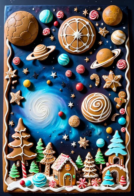 highly detailed outer space, the universe, the planets, the stars, the majesty, gingerbread, icing, candy, art, masterpiece, edible