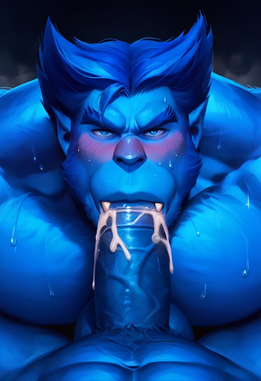 score_9, score_8_up, score_7_up, source_cartoon, 1boy, x_be@st, blue fur, blue eyes, blue hair, blue sideburns, fangs, muscular, nude, portrait, blowjob viewer penis, sweat, sweaty body, musk clouds, cum, pov, blush, <3,