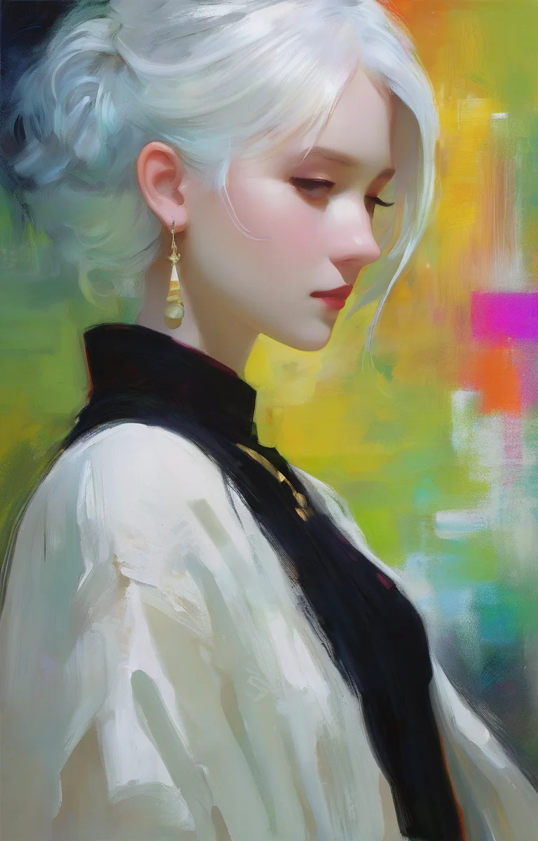 (Style by NTY:1.4), a woman, black shirt, white hair, intricate, colorful, <lora:OilPaint:0.7>