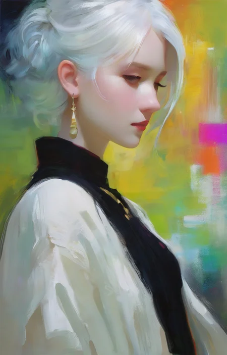 (Style by NTY:1.4), a woman, black shirt, white hair, intricate, colorful, <lora:OilPaint:0.7>